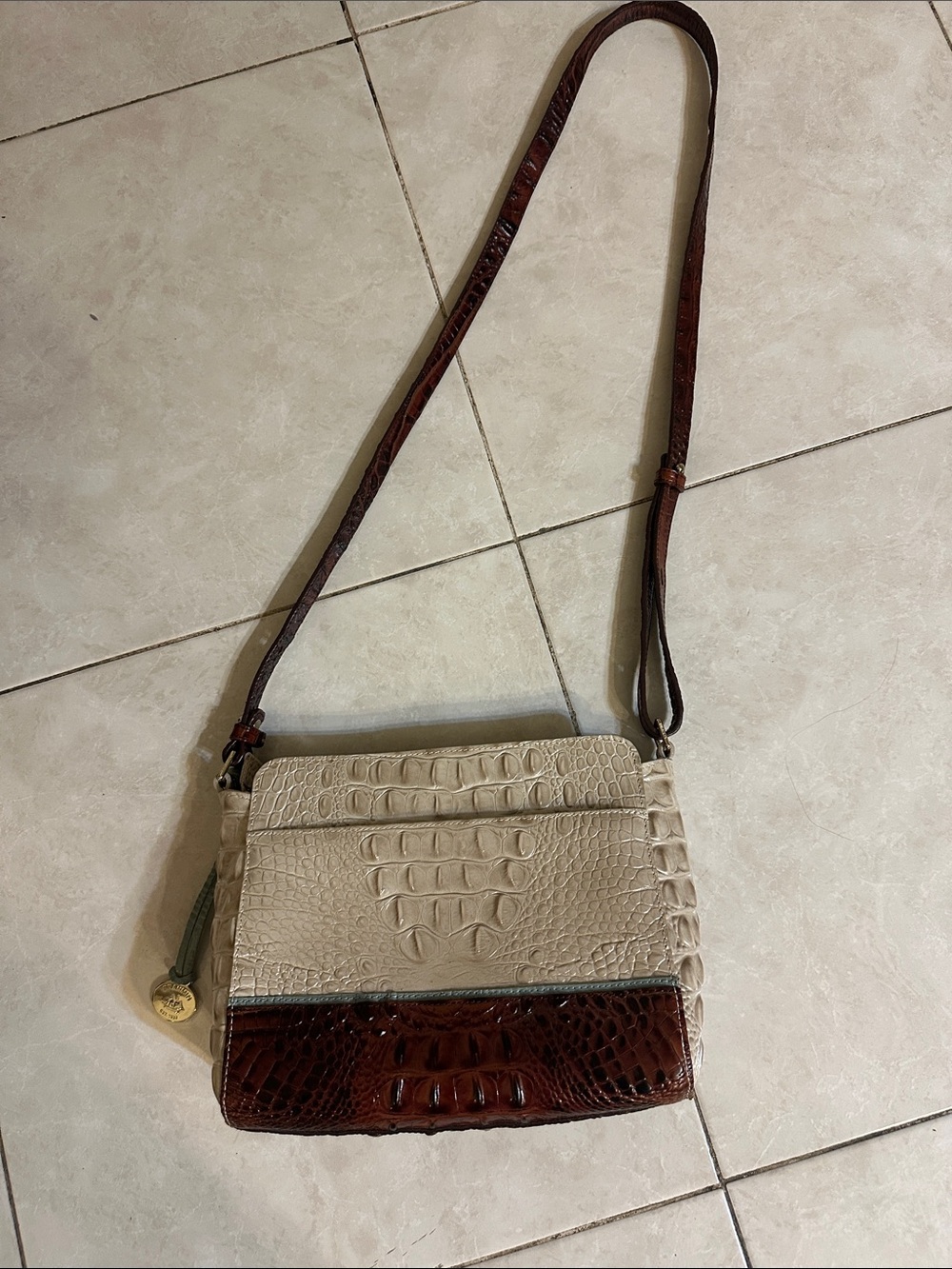 Brahmin Two-Tone Croc-Embossed Crossbody in Cream and Brown